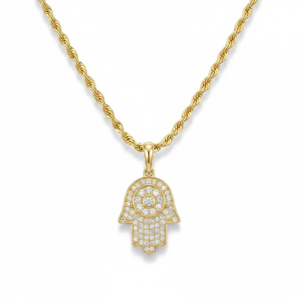 Hamsa Shape Pavé Moissanite Pendant, High Clarity Protection Charm with Evil Eye
