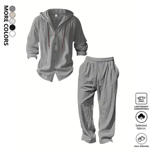 Men's Trendy Linen Hooded 2 Piece Outfit, Casual Beach Vacation Style, Regular Fit Breathable Hooded Long Sleeve Shirt & Straight Leg Pants for Spring & Fall Daily Wear