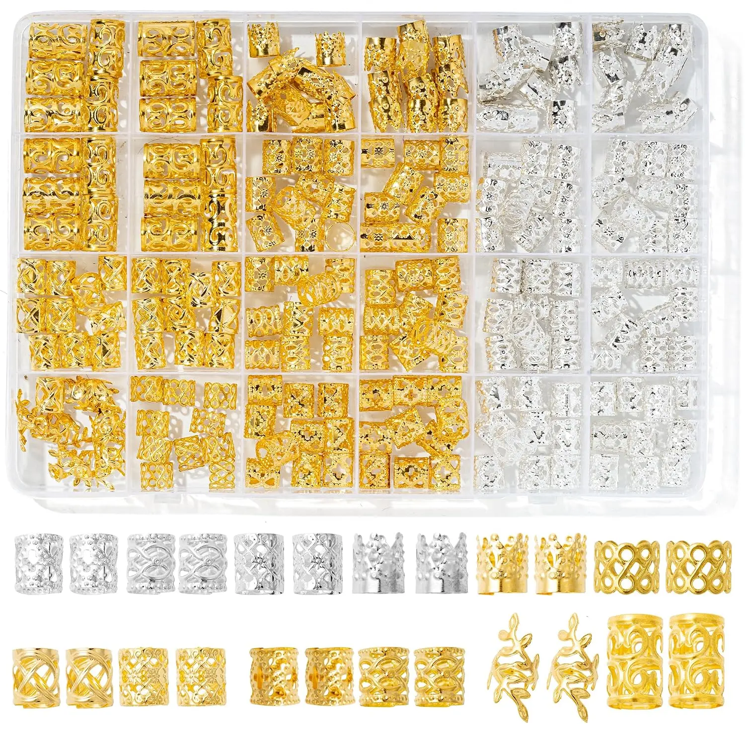 220 Pcs Gold Hair Jewelry for Braids - 12 Styles Gold & Silver Adjustable Size Metal Cuffs, Dreadlock Fit Clips for Hair Decorations