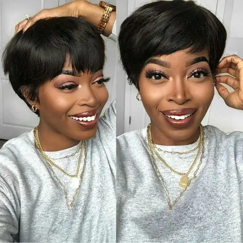 Black Women's Glueless Chic Smooth Straight Layered Short Pixie Cut Wig with Bangs - Full Machine-Made 100% Human Hair Brazilian Raw Remy Pre-Plucked Natural Black Hair Replacement Wig
