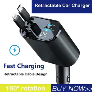4 in 1 Retractable Car Charger, USB C Fast Charging Adapter with Lightning Cable Compatible with iPhone 16/15/14/13 Pro Max Plus, Samsung S23/S22/S10
