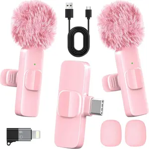 Pink Wireless Lavalier Microphone for iPhone & Android Mini Clip-On Mic with Noise Cancellation 65ft Range 8H Battery USB-C/Lightning for TikTok YouTube Podcast Live Streaming
