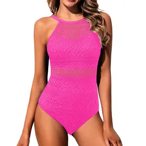 Holipick Lace Women High Neck One Piece Swimsuit Sexy Crochet Bathing Suit Tummy Control Swimwear