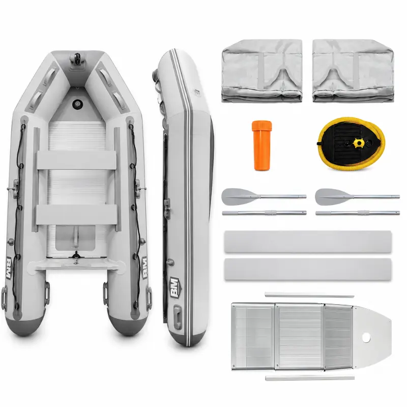 Aluminum Split Hard Floor Inflatable Boat Dinghy (8.2/10/10.8FT), Heavy-Duty PVC Fishing Boat with Aluminum Floor, Motor Mount, Oars & Carry Bags, 2–4 Person 1-3 rider inflatable boat tube