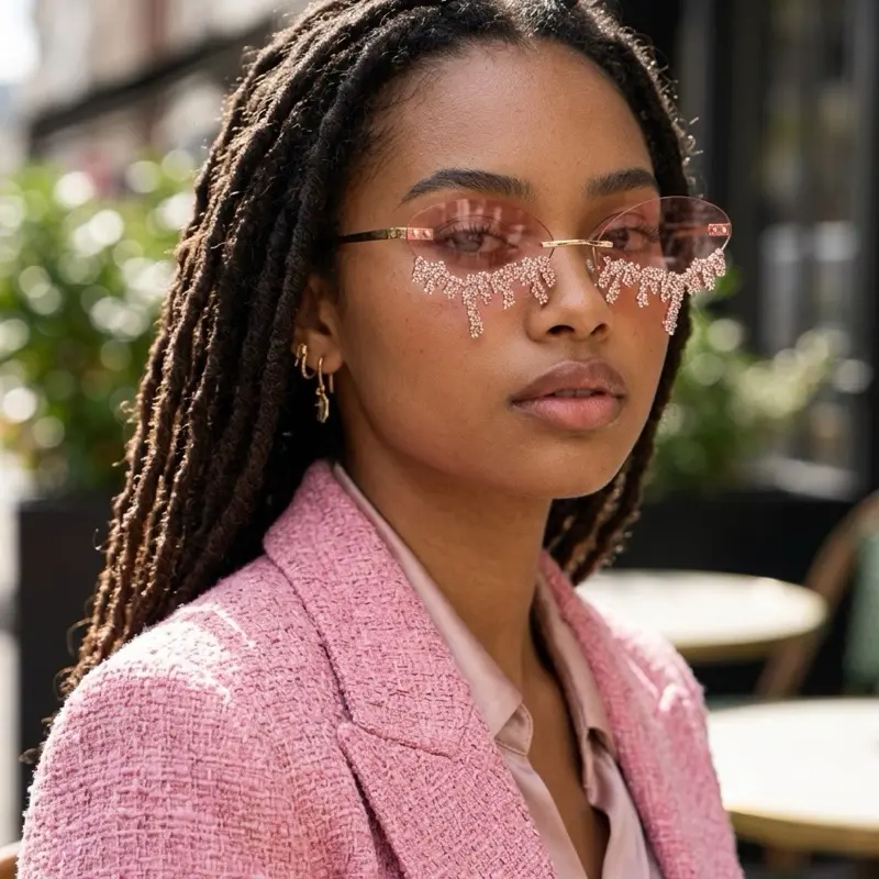 Luxury Rhinestone Drip Rimless Sunglasses – Colorful Bling Fashion Shades