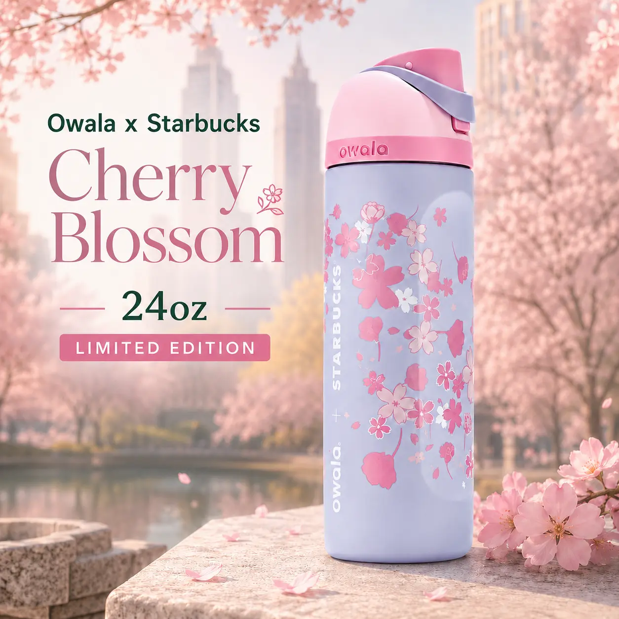 Owala Cherry Blossom 24oz Limited Edition Leakproof Stainless Steel Water Bottle Aesthetic Tumbler Gift for Girls TikTok Viral