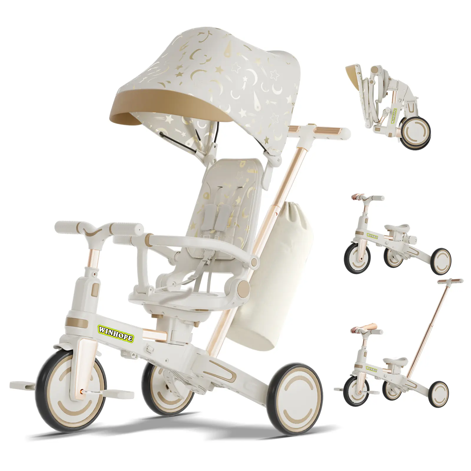 WinHope 9-in-1 children’s tricycle stroller, five-point safety harness, sun canopy and detachable barrier, transformable outdoor ride-on toy, suitable for toddlers aged 1–6 years