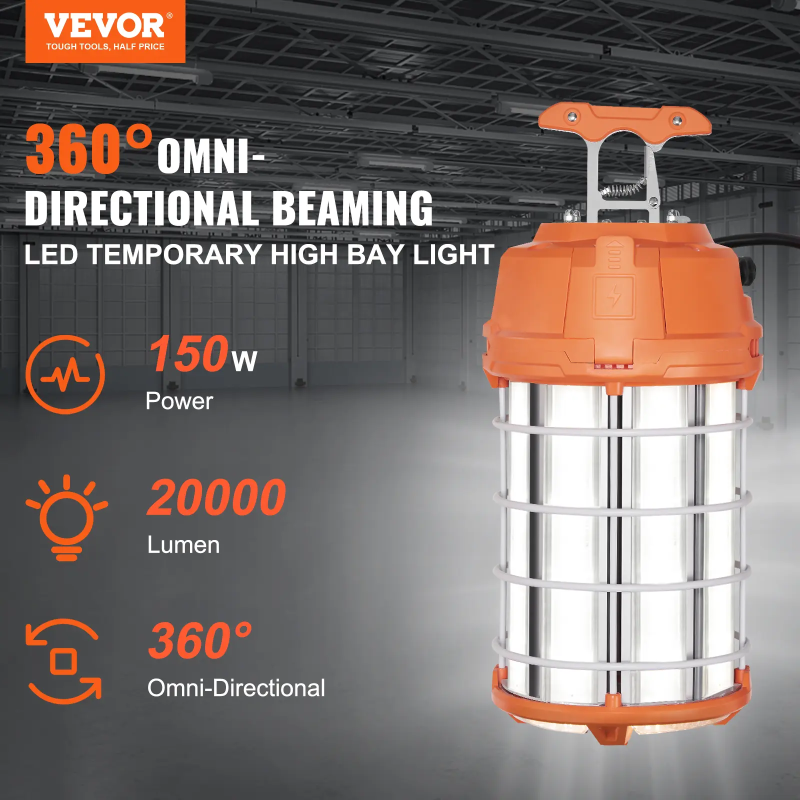 【summerfinds】VEVOR LED Portable Work Lamp, 150W, 20000lm, 5000K Durable & Water-Resistant, Linkable up to 6 Units, Ceiling or Stand Job Site Illumination for Both Indoor & Outdoor Use