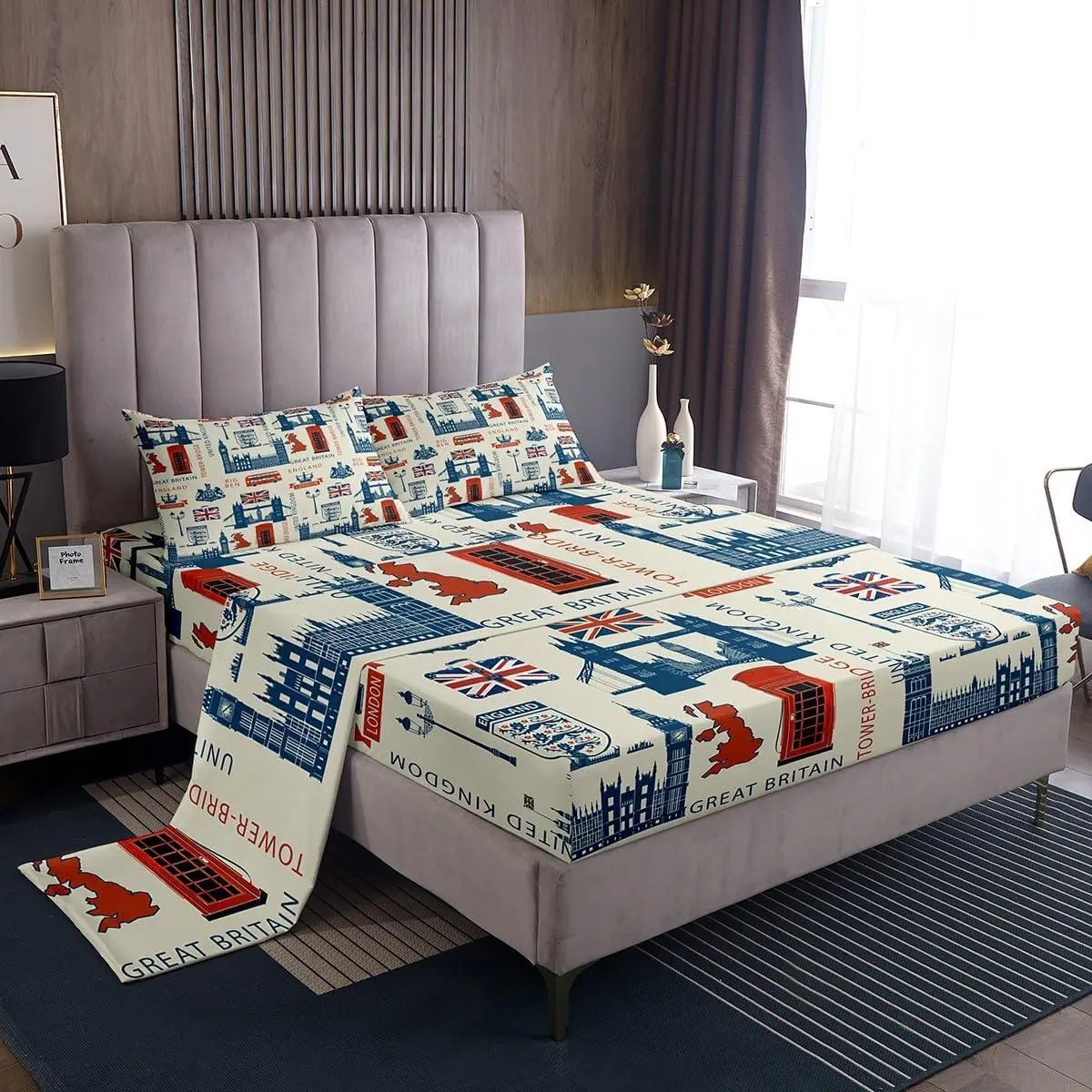 Kids London Sheet Set,Red Telephone Booth Bus Print Bed Sheet Set with Deep Pocket Fitted Sheet + Flat Sheet + British Flag and Map Print Bedding Set for Boys