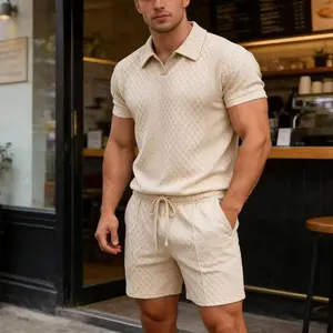 Men’s solid jacquard V-neck knit short-sleeve top and shorts 2-piece set, suitable for summer sports, casual wear, travel, and dates—an ideal gift for a boyfriend.