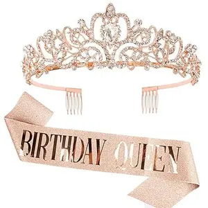 "Birthday Queen" Sash & Rhinestone Tiara Set for Women Birthday Decoration Kit Rhinestone Headband for Girl Glitter Crystal Hair Accessories for Party
