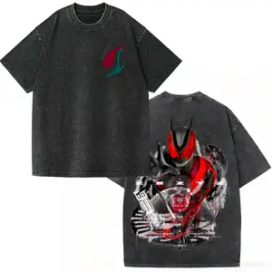 Retro Washed Kamen Rider ZZZ Pattern T-Shirt for Men and Women - Loose Fit Retro Anime Street Style T-Shirt - Heavyweight Pure Cotton Casual Top