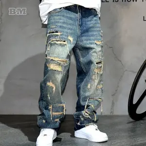 Mens Ripped Baggy Jeans Distressed Denim Streetwear Skateboard Pants Straight Leg Patchwork Oversized Urban Fashion Workwear Asian Menswear