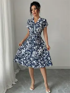 Summer New Casual V Neck Button Batwing Sleeve Tie Floral Print Ruffle Short Sleeve Dress, Women's Fashion Lightweight Summer Dress