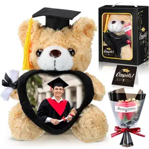 9 inches 2025 Graduation Plush Bear Graduation Gifts Set with Heart Picture Frame Congrats Grad Stuffed Bear with Card Soap Artificial Flower for Preschool College Masters Grad Gifts