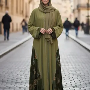 Olive Green Abaya with Embroidered Details Full-Length Loose-Fitting Cloak Style Fabric on Lower Half and Cuffs