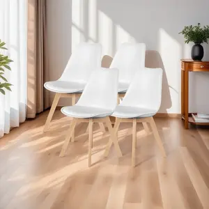 Mid-Century Modern Dining Chairs Set of 4 with Wood Legs & PU Leather Cushion for Kitchen Living Room & Outdoor Use White Upholstered Chairs with Thickened High-Density Sponge Cushions