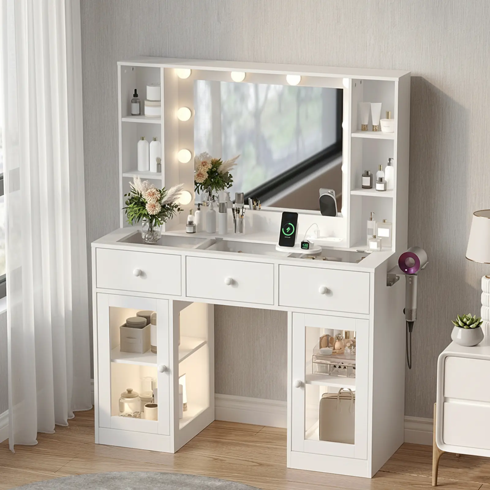 Ktaxon Vanity Table with RGB Lights & 3-Tone Dimmable Bulbs - Glass Top Dresser with 3 Drawers, 2 Glass Doors & 2 Side Shelves | Built-in Power Strip, Hair Dryer Holder