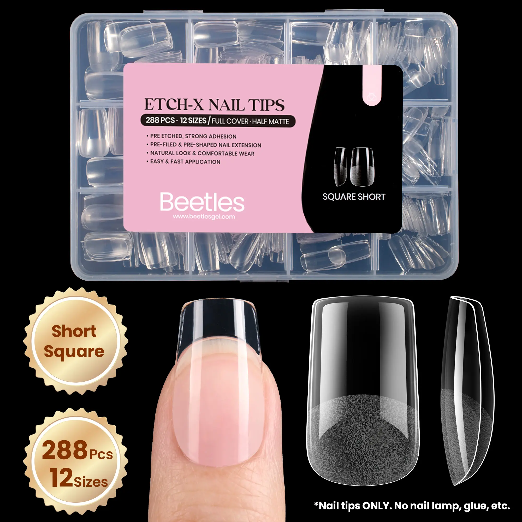 Beetles Gel Nail Tips Etch-X, 288Pcs 12 Sizes, Pre-Etched Half Matte Full Cover Soft Acrylic Press on False Nail Tips Easy DIY Glue On Nail Extension Salon Gift for Women Girls