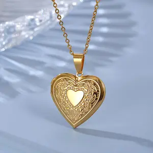 Creative Heart-shaped Pendant Necklace with Exquisite Pattern Design in Durable Stainless Steel for Family Friends and Lovers Gold Plated Amulet