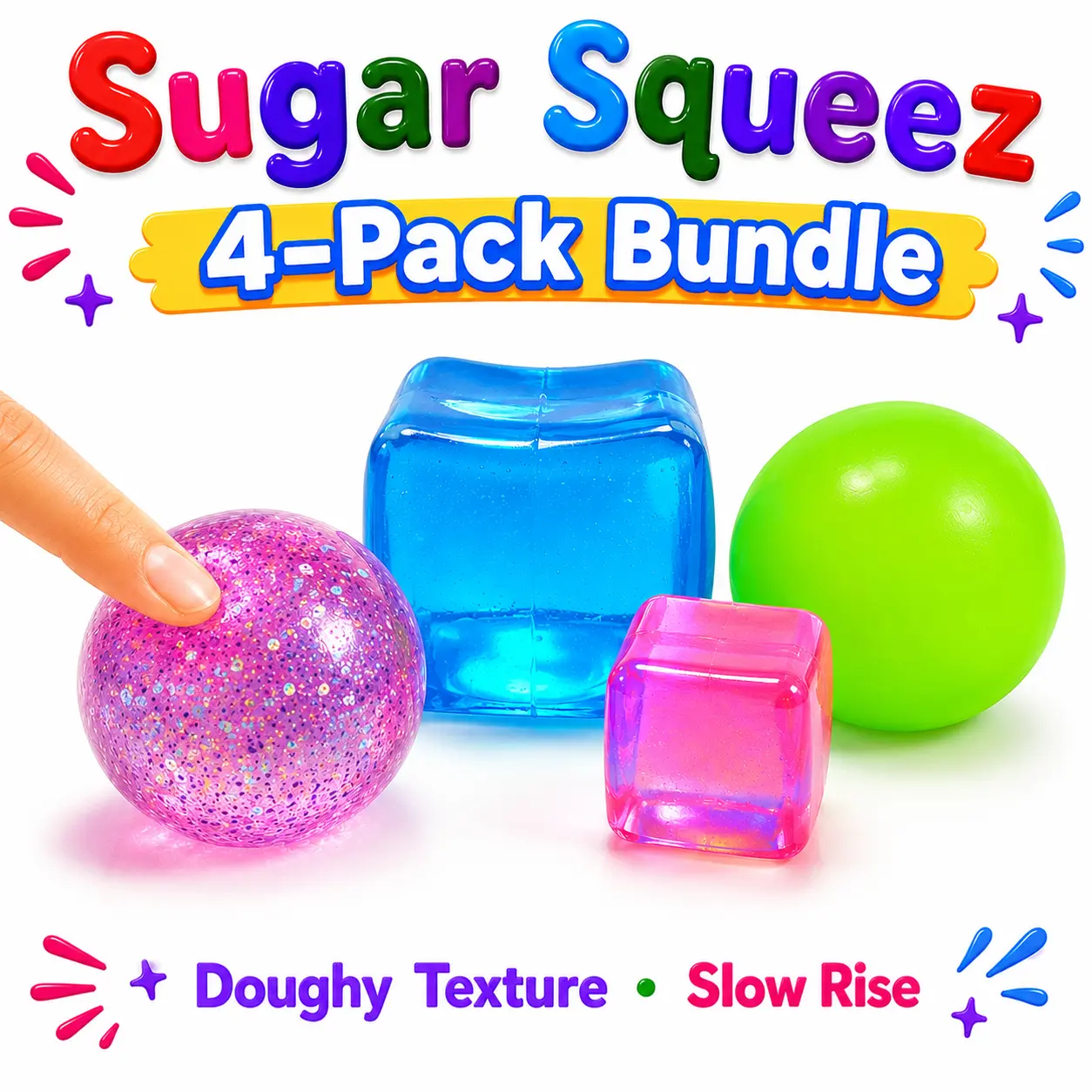 SugarSqueez Sugar Squishy Collection – Ultra Soft Maltose-Filled Dough-Like Fidget Toy Set, Slow-Rising Sensory Squish with Glitter, Neon & Cube Styles, Stress & Anxiety Relief for Kids, Birthday Party Gifts