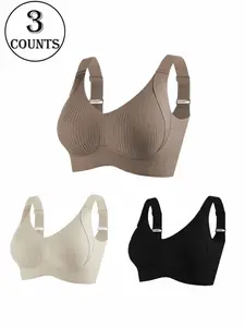 Seamless Support Bras (3-Pack) - Wireless Comfort Lingerie with Adjustable Wide Straps, Breathable Underwear for Everyday Wear & Light Activities, Breathable Comfy Bra