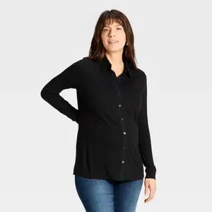 Long Sleeve Collared Neck Ribbed Maternity Button-Down Shirt - Isabel Maternity by Ingrid & Isabel Black M