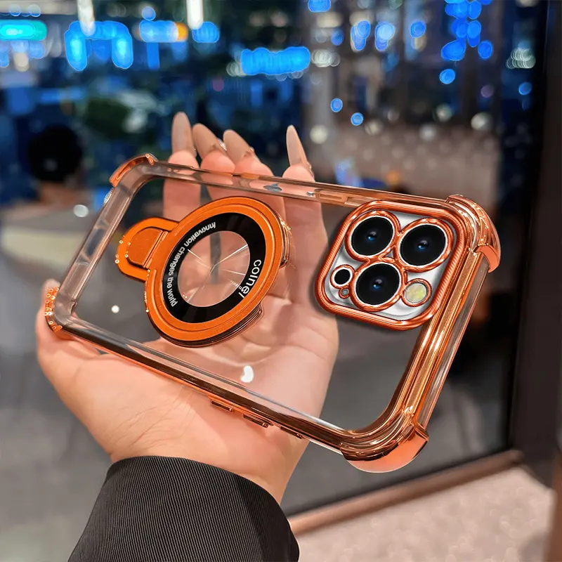 Suitable for [iPhone 14 Pro Max] high-end phone case🥰,Electroplated Luxury Magnetic Clear Stand Four Corner Anti-Fall Case Compatible with MagSafe Shockproof Transparent Phone Cover summerwins 952
