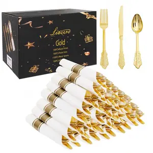 400PCS Gold Plastic Silverware - Pre Rolled Napkins Disposable Gold Plastic Cutlery-Premium Quality Gold Plastic Utensils-Includes 100Forks,100Knives,100Spoons,100Napkins&Wedding