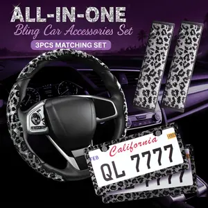 Queen’s Land Leopard Print Bling Sparkly Car Accessories Bundle with Crystal Rhinestones, Steering Wheel Cover, License Plate Frame & Seat Belt Pads, Universal Fit for Women outdoorfun