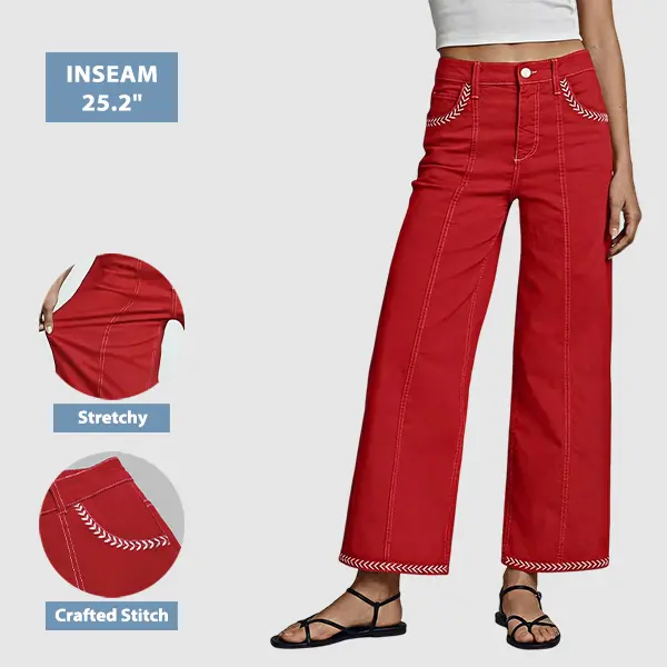 Flamingals Contrast Stitch Mid Rise Wide Leg Pants Stretchy 25.2" Inseam