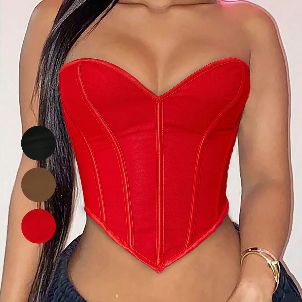 ApperlothA Women's Red Corset Tube Top - Sexy Boned Lace Up Back, Hanky Hem Overbust Bodyshaper for Party Clubwear & Christmas Festival Outfits #Summervibes