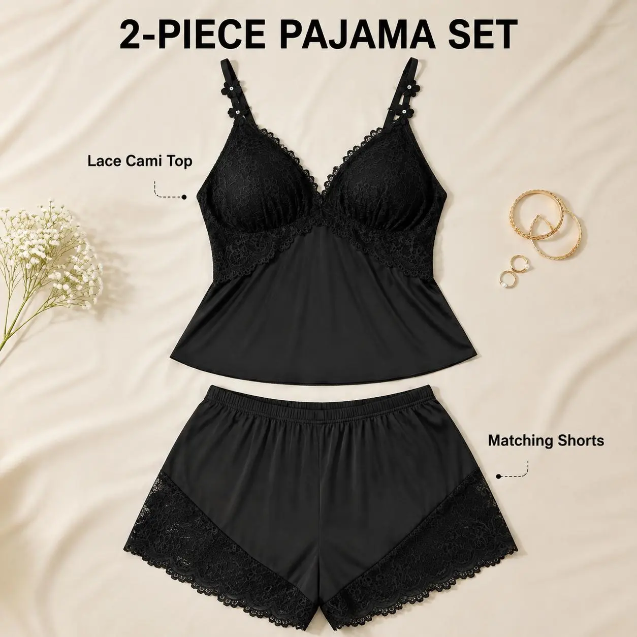 Women's Plus Size 2-Piece Pajama Set - Black Lace Cami & Shorts, Feminine Lingerie Sleepwear Nightwear Fabric