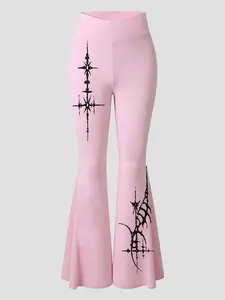Women's leggings with a pink criss-cross waistband, flared leg design, and gothic pattern, Shaping Leggings. Comfortable to wear, suitable for all seasons, and a stylish and versatile everyday pant for women.