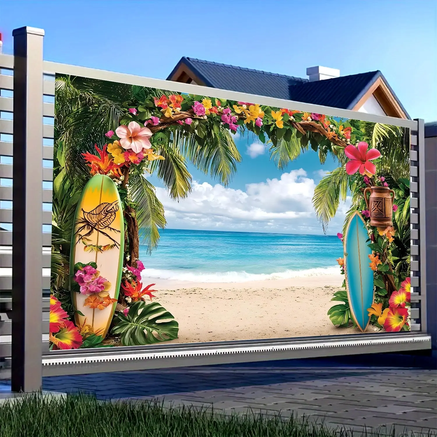 Tropical Beach Pattern Backdrop, 1 Count Hawaiian Beach Backdrop, Summer Beach Theme Party Decoration, Wedding Party Decorations, Party Supplies for Birthday Wedding, Wedding Arched Backdrop, Banners, Print, Lightweight