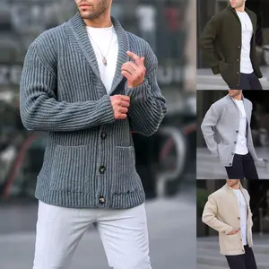 Men's Stretch Long-sleeved Casual Knitted Cardigan Jacket Single-breasted Lapel Sweater Acrylic Fabric Knitwear Menswear