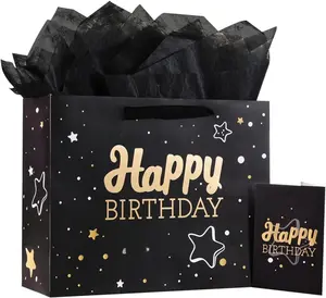 Black Birthday Gift Bag with Tissue Paper and Greeting Card, 13'x10.2'x4.9', Medium (1-Piece Set, Black Starry Sky, Unisex, Includes Card, Ribbon)