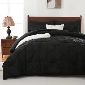 Queen Comforter Set, Bed in a Bag, Pintuck Bedding Sets for All Season, Includes Comforter, Flat Sheet, Fitted Sheet, Pillowcases and Pillowshams, Black