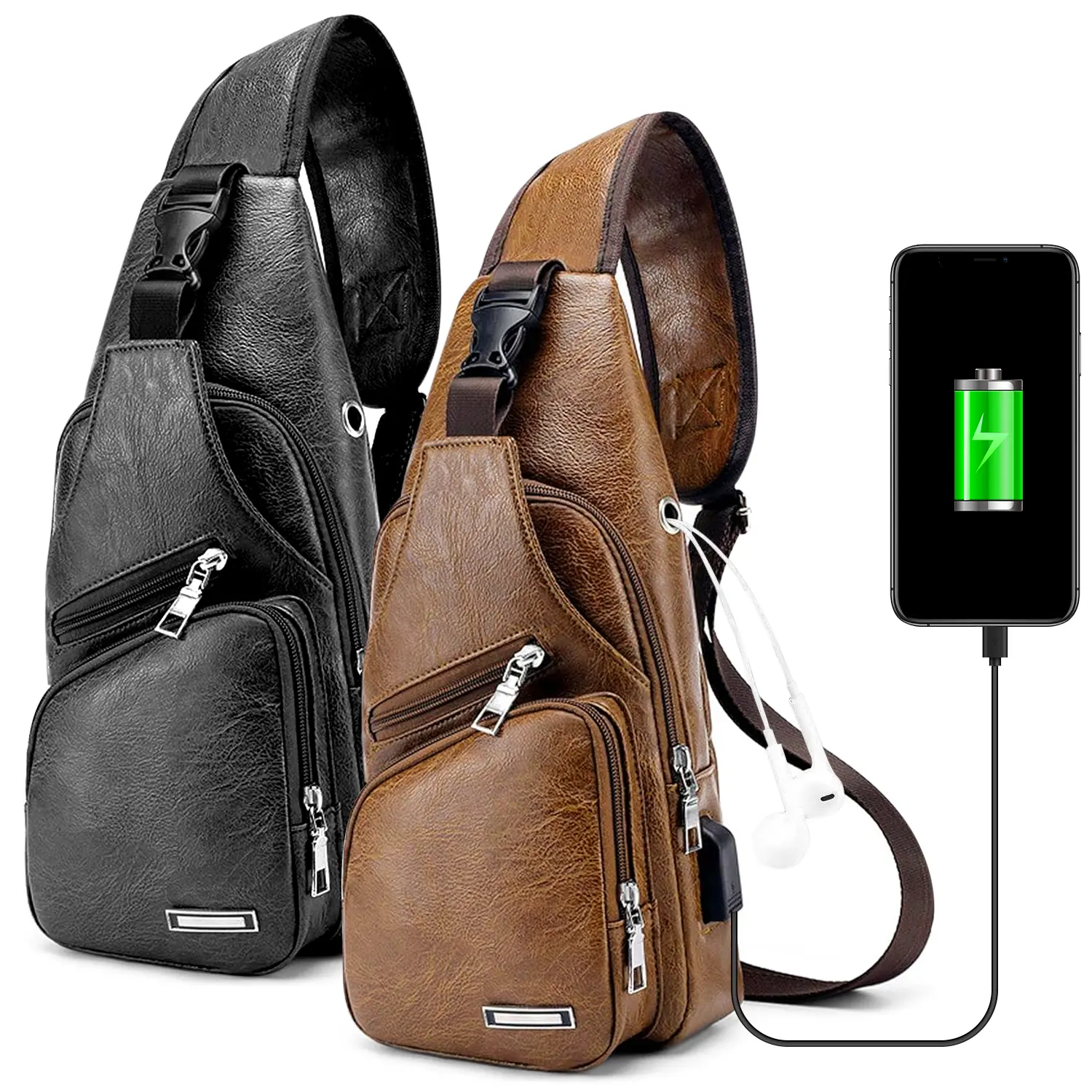 Men's Leather Sling Chest Bag with Built-in USB Charging Port, Earphone Hole, Multi Metal Zippers, Large Capacity & Adjustable Shoulder Strap for Travel, Daily Casual Outdoor Use