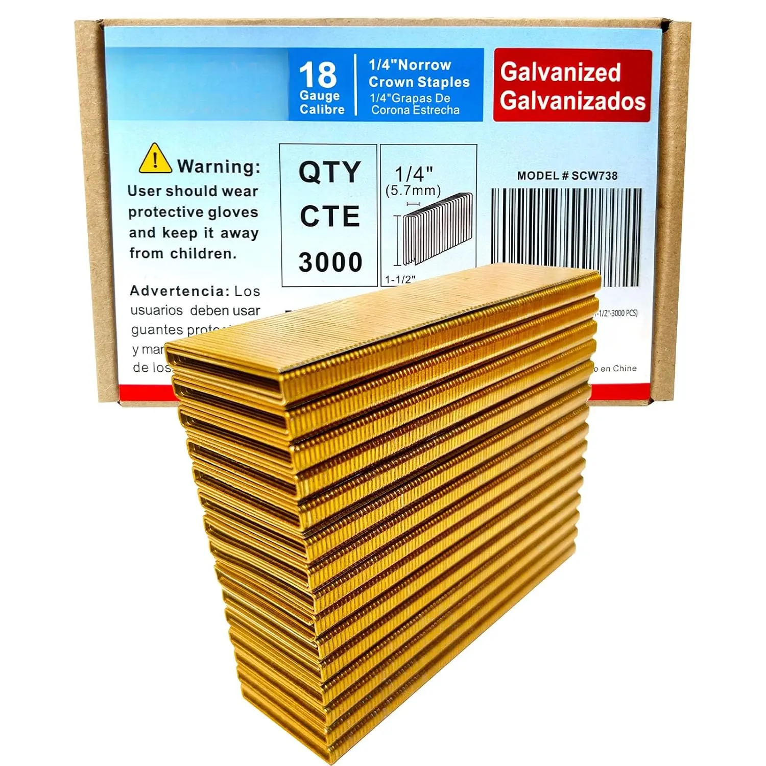 18 Gauge 1/4" Narrow Crown Staples, Galvanized Upholstery Staples for 18 GA Pneumatic or Electric Stapler or Staple  (1-1/2"-3000 PCS)