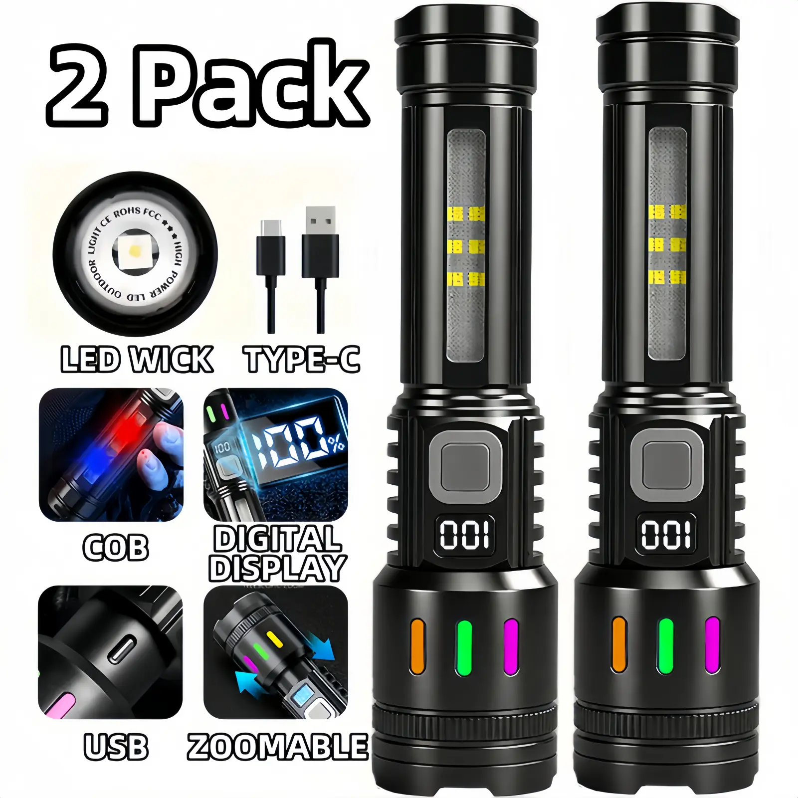 2/4-Pack Super Bright Rechargeable LED Flashlights (LED Lights), High Lumens, Portable, 5 Modes, COB Side Light, USB-C Charging, Zoomable Beam, Strobe Colorful Mode, Modern Tactical Emergency Flashlight for Outdoors Hiking Camping