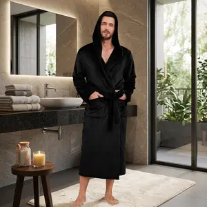 Men's Hooded Fleece Robe - Lightweight Soft Warm Bathrobe with Pockets for Shower Spa Lounge Comfortable Long Robe Perfect for Home Relaxation After Bath Cozy Winter Wear
