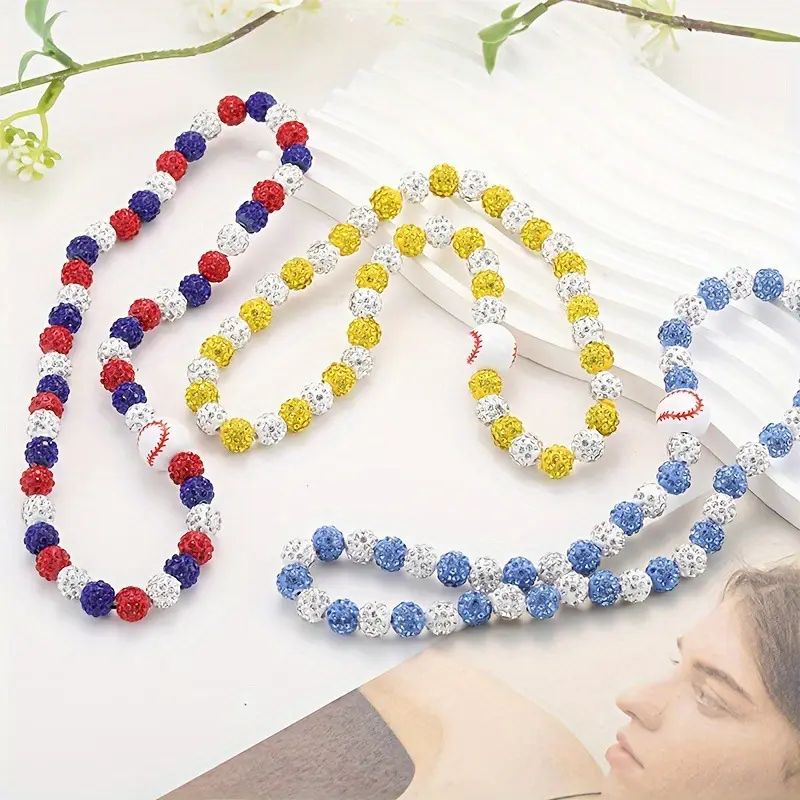 Baseball Beaded Necklace, Sparkly Rhinestone Ball Necklace, Team Color Sports Necklace, Adjustable Hip Hop Jewelry for Fans & Athletes