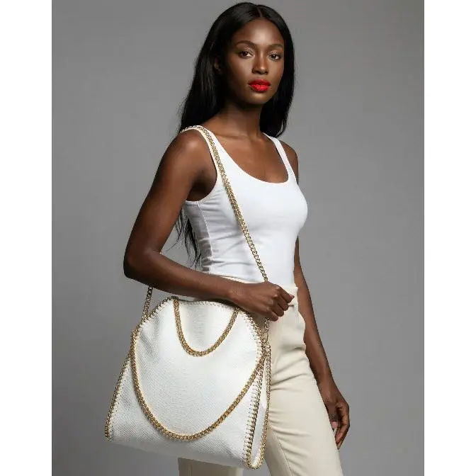Elise Convertible Tote Marshmallow Snake Print 13.8L x 3.5W x 15.7H Folded Mini, Carry All Tote, Oversized Clutch Silver or Gold