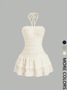 Women's Textured Smocked Mini Dress, Halter Tie Neck, Ruched Bust Detail, Multi-Layer Ruffled Tiered Hem, Stretchy Knit Fabric, Adjustable Tie Straps, Date Night, Cocktail Party & Vacation Wear, Sweet Romantic Feminine Style 1 Piece Womenswear