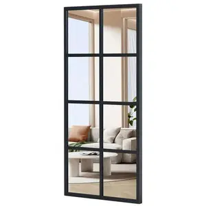 Window Pane Wall Mirror 16x32 / 24x32 - Black Metal Framed Rectangular Decorative Mirror for Bathroom, Bedroom, Living Room & Entryway - HD Clear Glass with Safety Film