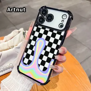 Phone Case for iPhone 17 16 Pro Max 15 Plus 14 13 12 11 E Air Checkered Rainbow Melt Pattern Anti-drop Durable Total Protective Shockproof Transparent Cover Casing
