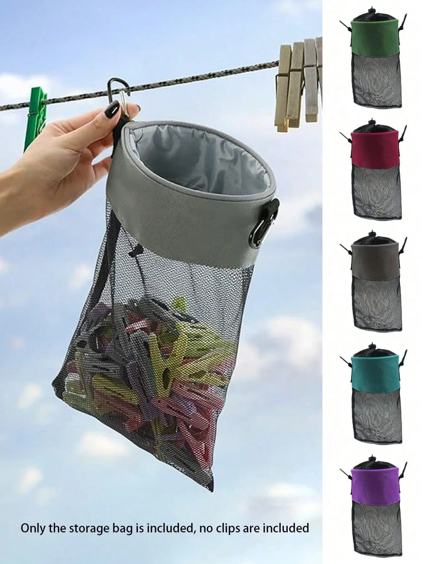 Mesh Clothespin Bag with Hook, Drawstring Closure, Wide Mouth, Wooden Clothespins, Canvas Storage Bag, Organize Your Laundry Efficiently