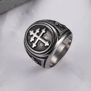 GTHIC Retro Cross of Lorraine Ring Stainless Steel Fashion Statement Jewelry for Men Daily Wear