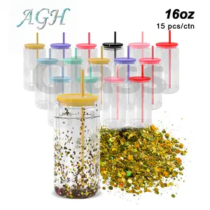 AGH 25pcs 16oz glitter DIY Glass Tumbler Double Wall  Reusable Gift Glass Beer Cola Juice Cold Coffee Mugs Can With Colored Lids Pre Drilled Hole Plug